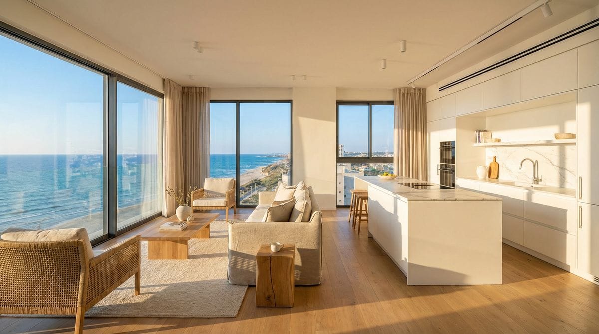 שיפוץ דירה מודרנית בהרצליה - סלון ומטבח מעוצבים עם נוף לים