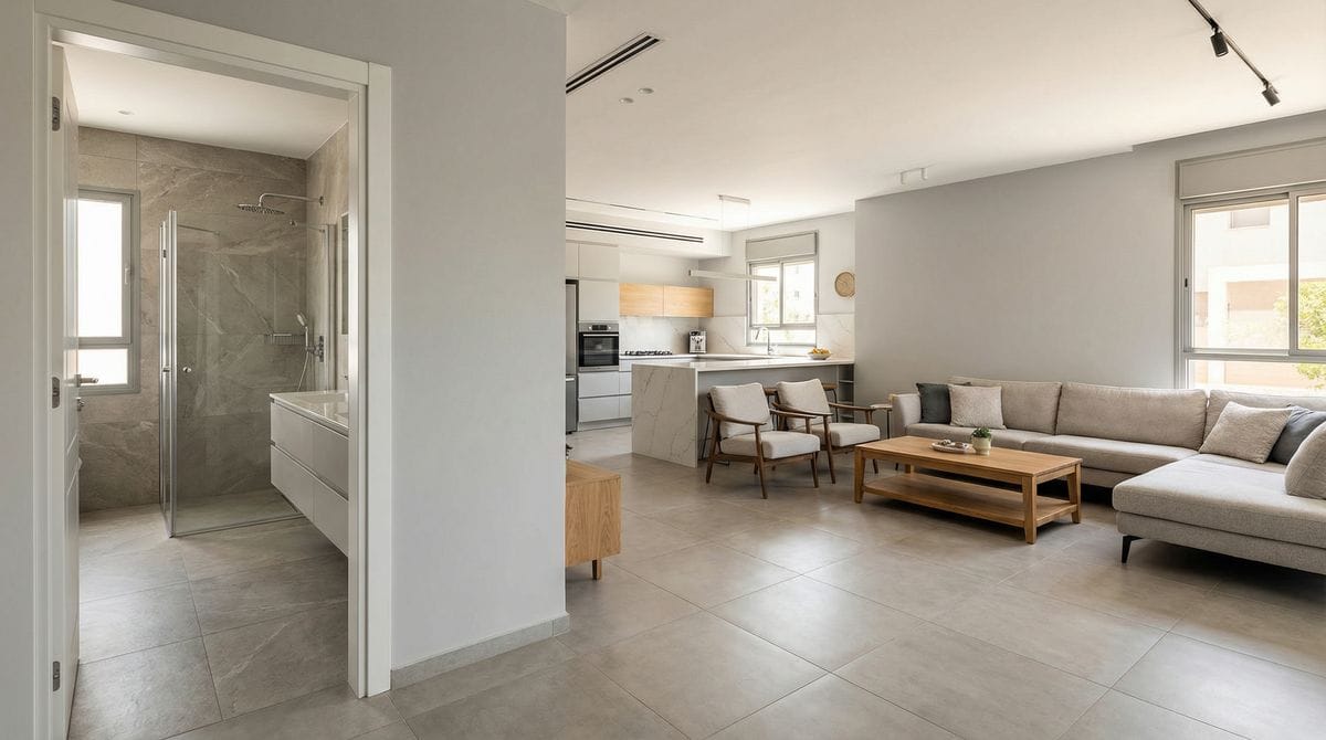 שיפוץ בית משפחתי בהוד השרון - סלון מרווח עם מטבח ואמבטיה משופצים