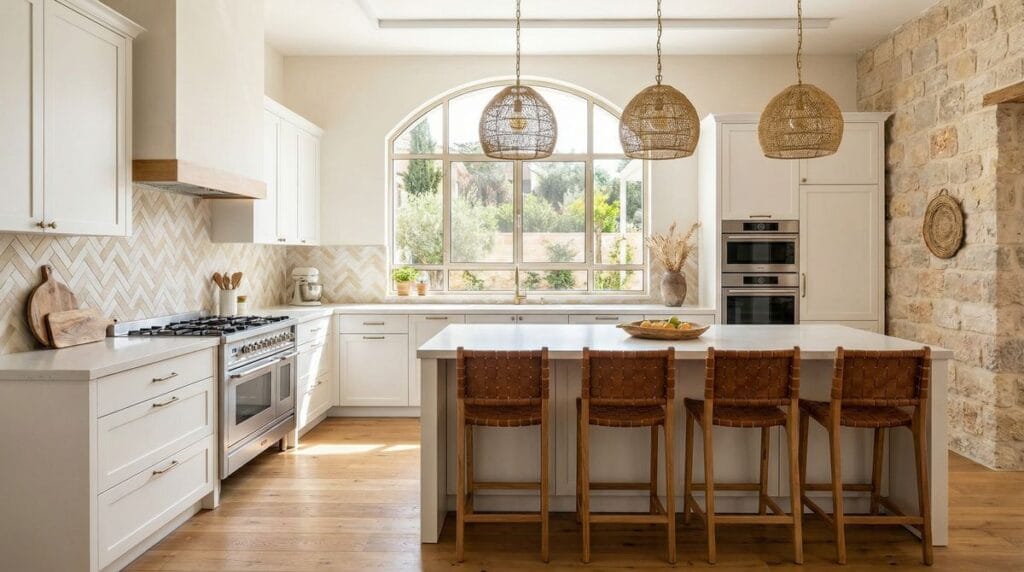 שיפוץ מטבח מודרני בכפר סבא - ארונות לבנים עם אי מטבח ותאורה