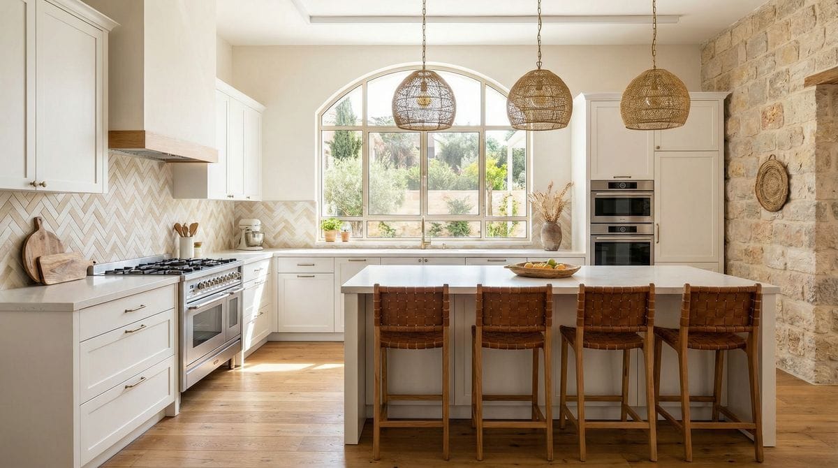 שיפוץ מטבח מודרני בכפר סבא - ארונות לבנים עם אי מטבח ותאורה