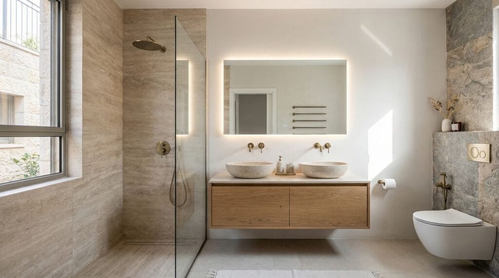 שיפוץ חדר אמבטיה מודרני ברמת השרון - מקלחון זכוכית וכיור כפול